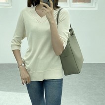 여자 브이넥 데일리 금사 니트 무지 티셔츠