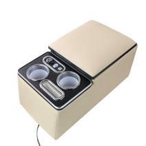 차량용 뒷자석 콘솔 팔걸이 트레이 팔쿠션 컵 수납, 브라운 극세사 LED+USB