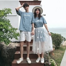 신혼여행 커플룩 허니문 원피스 커플티 휴양지 바캉스 시밀러룩 기질 커플 드레스 반팔 틈새 디자인 감각 크레인 자수 드레스 모든 경기 티셔츠 남녀 바닥 셔츠의 어 버전