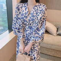 봄 가을 V넥 표범무늬 롱원피스 여행룩 시밀러룩