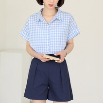 플레이팝 여성용 2컬러 자체제작 카라넥 롤업 고방체크패턴 반팔 셔츠 남방