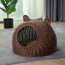 라탄고양이집 라탄숨숨집 냥이집 라탄하우스 애완 동물 등나무 둥지 여름 반 폐쇄 실내 수면 침대 매트 통기성 내구성 강아지 바구니 작은 중형, 차 브라운+L