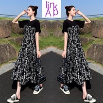 링크어패럴 여성 꽃무늬 반팔 롱 원피스 찰랑찰랑 플레어스커트 미디 원피스 나들이룩