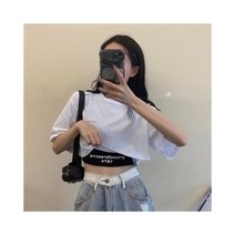 와이케이하우스 흰색 반팔 티셔츠 여성 여름 새로운 2021 짧은 높은 허리 느슨한 배꼽 탑 그물 연예인 인 현아 트렌드_67479