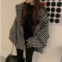 루즈핏 후드 코트 하운드 체크 여자 여성