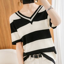 스트반 여성 브이넥 스트라이프 반팔 티셔츠