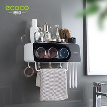 Ecoco 벽걸이 칫솔 거치대 프리 펀칭 자동 치약 디펜서 욕실 보관 랙 액세서리, [06] 블랙 3 컵