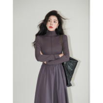 가을 겨울 여성원피스 그레이 터틀넥 슬림핏 긴팔 미디 원피스
