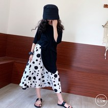 도오빠 아동 주니어 여름 상하복 투피스 반팔티 엄마랑딸이랑 여아용 초등학생 A스커트 도트무늬 라운드티 플레어스커트 롱스커트