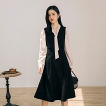 아가씨 일기 동대문 구매 대행 가을과 겨울 문학 부채 나비 넥타이 복고풍 우아한 허리 얇은 라인 스커트 긴 소매 중간 길이 드레스 여성 한밤중 블랙