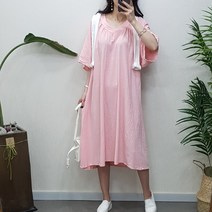 제이후 루즈핏 린넨 브이넥 셔링 플레어 반팔 롱원피스