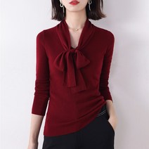 스타일아유 여성용 가을 리본 슬림핏 스판 니트 티셔츠