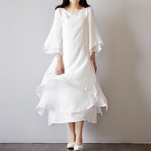 하이따거 린넨 소재 여성 여름 프릴 루즈핏 이중 원피스