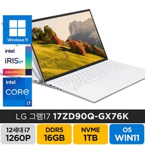 LG전자 2022년형 그램 17인치 17ZD90Q-GX76K 인텔 i7-1260P 윈도우11, WIN11 Home, 16GB, 1TB, 코어i7, 화이트