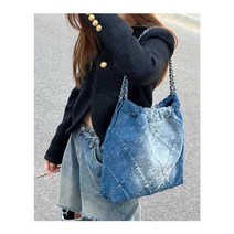 다이아몬드 체인 숄더백 작은 향기 스타일 쓰레기 봉투 가방 레트로 데님 대용량 토트 백, 데님 블루