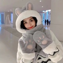 후드자녀 겨울 귀마개 후드 기모 도톰 후드 넥워머 쓰리피스 장갑 일체 후드 토끼 귀멍