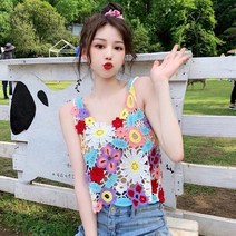 [Kingfishe]여성 예쁜 니트 조끼 손뜨개 코바늘 끈나시 플라워 핀칭 숏 끈나시 ru811N5