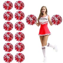 Extpro 손가락 구멍이 있는 치어리더 폼폼 12개 메탈릭 포일 치어 폼폼 댄스 매치 팀 스피릿 스포츠 무대 공연 카니발 축하용 (블루 실버 미디엄), Red Silver, Red Silver