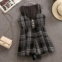 트위드 투피스 세트 여성 체크 숏 리본 카라 레이스 셔츠 진주 버튼 미니 점프수트