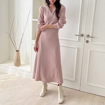 후드 브이넥 A 에이라인 핑크 하트 롱 기모 원피스 - 블랙 먹색 아이보리 핑크