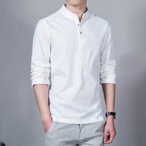 몸좋아보이는 남성 봄 상의 amp 티 패션 티셔츠 스탠드 칼라 긴 슬림베이스 셔츠 옴므 리넨 코튼 의류