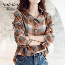 나바바 NB562 여성 캐주얼 체크 레이스소매 셔츠