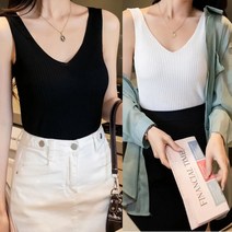 2장세트 브이넥 골지 끈 나시 티 여성 민소매 이너