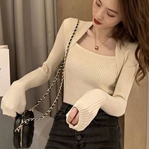 데일리복 스퀘어 넥 라인 슬림 스타일 여성 니트 긴팔 디셔츠