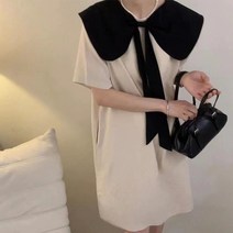 결혼식 하객룩 리본 포인트 빅카라 반팔 블랙 원피스 귀여운 미니드레스 상견례 예복