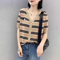 봄여름 여자 루즈핏 스트라이프 니트가디건 미키 자수코트