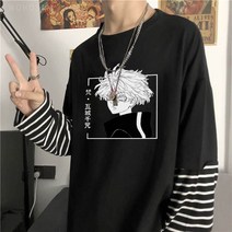 고급 수입 만화 티셔츠 카와라기 복수 애니메이션 오버사이즈 줄무늬 힙합 자 긴팔 패션 센주 셀프 도쿄