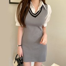 (무배)슬림핏 배색 니트 퍼프 셔츠 미니 원피스
