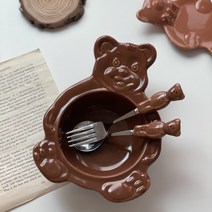 빈티지베어볼 곰돌이 그릇 접시 플레이트, 스푼&포크세트, 초콜릿브라운