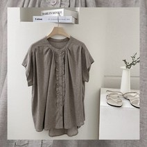 루즈핏 프릴 셔링 린넨면 여름 블라우스 GM