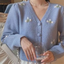 플라워자수 가디건 플라워무늬 자수 봄코디 오버사이즈 브이넥 여성 스웨터 플라워 니트