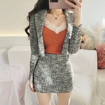 비니케이즈 무배 크롭 숏자켓 금장버튼 스판 트위드 투피스 하객룩 모임 2컬러