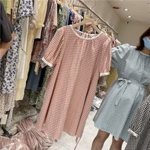 PigPug 학원풍 작은 키 감령 라운드 버블 소매 헐렁헐렁 백 세트 체크 A자 원피스