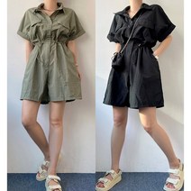 [에이스토리] 여름 아노락 스트링 카라넥 점프수트 와이드핏 반바지 점프슈트 3color