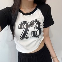 23 레터링 골지 나그랑 배색 크롭 반팔 티셔츠