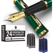 펠리칸m200 만년필블랙 크롬 트림 - 24팩 잉크 슬림 박스 중간 펜촉, 02 검은색 부분이 있는 녹색, 한개옵션1