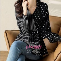 리틀깽스 브이넥 출근룩 하객룩 스트라이프 도트무늬 허리리본 언발 블라우스