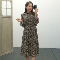 프릴넥 플리츠 주름 긴팔 봄 시폰 롱원피스 루즈핏