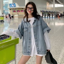 오버핏반팔데님재킷 레이어드 베이직 활동하기편한 라이트블루 연청 데님 재킷 반팔 루즈핏