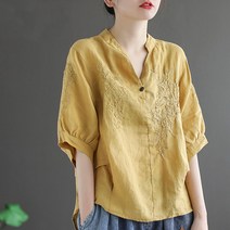 도오빠 포미랑 여성 블라우스 브이넥 셔츠 5부 반팔 티셔츠 오버핏 무지 반팔티 꽃무늬 자수 면티 여름 얇은 여자블라우스