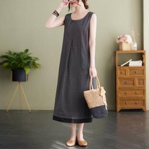 데일리 롱 원피스 싱글 튼 대마 스이프 슬링 드레스 여름 류 큰 사 린넨 조끼 단아한