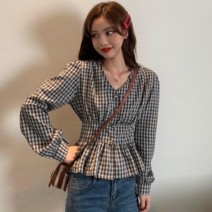 데이홀릭 여성용 가을 셔츠 남방 체크무늬 단추 브이넥 긴팔 블라우스