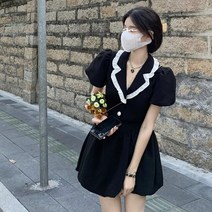 패치워크 노치 퍼프 슬리브 a 라인 슬림 핏 미니 드레스 여성용 한국 스타일 봄 캐주얼 소녀 패션