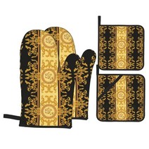 베이킹 오븐 레트로 그리스 골드 빈티지 오븐 미트 및 냄비 홀더 4 베이킹 요리 미끄럼 방지 그릴 내열 선, 02 2