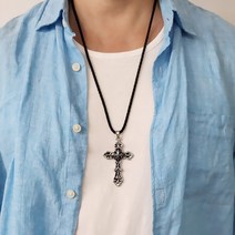 N267 롱가죽목걸이 남자목걸이 십자가펜던트 메탈 남녀공용 힙합 남성패션목걸이