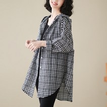코카마니 여성 빅사이즈 긴팔 후드 블랙 체크 셔츠 예쁜 남방